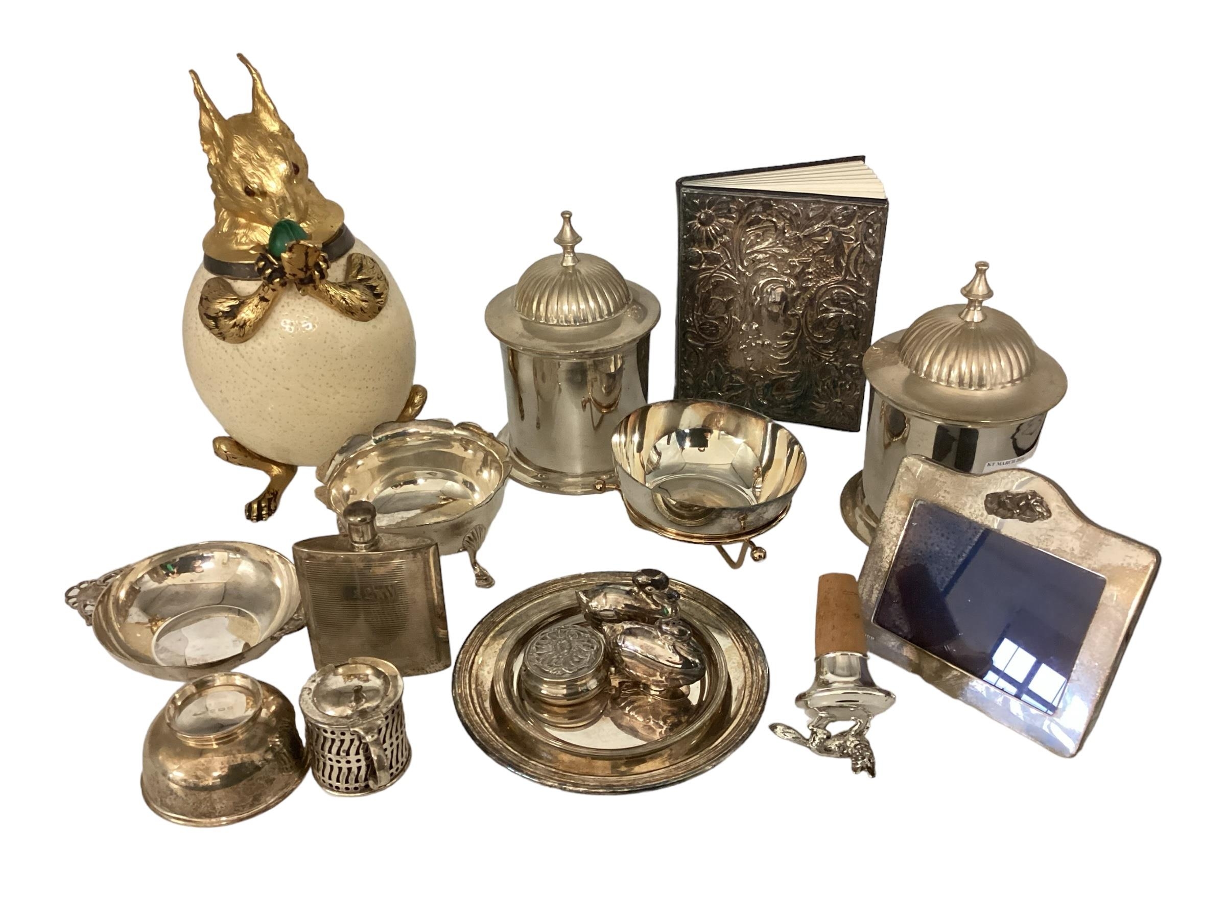 A quantity of silver and silver plated items and an ornate Ostritch egg, modelled in the form of a