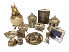 A quantity of silver and silver plated items and an ornate Ostritch egg, modelled in the form of a