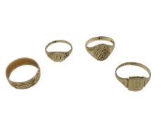 Collection of 4, 9 ct gold rings (3 signet rings and a wedding band) 10.85 g, sizes V, R, V and U