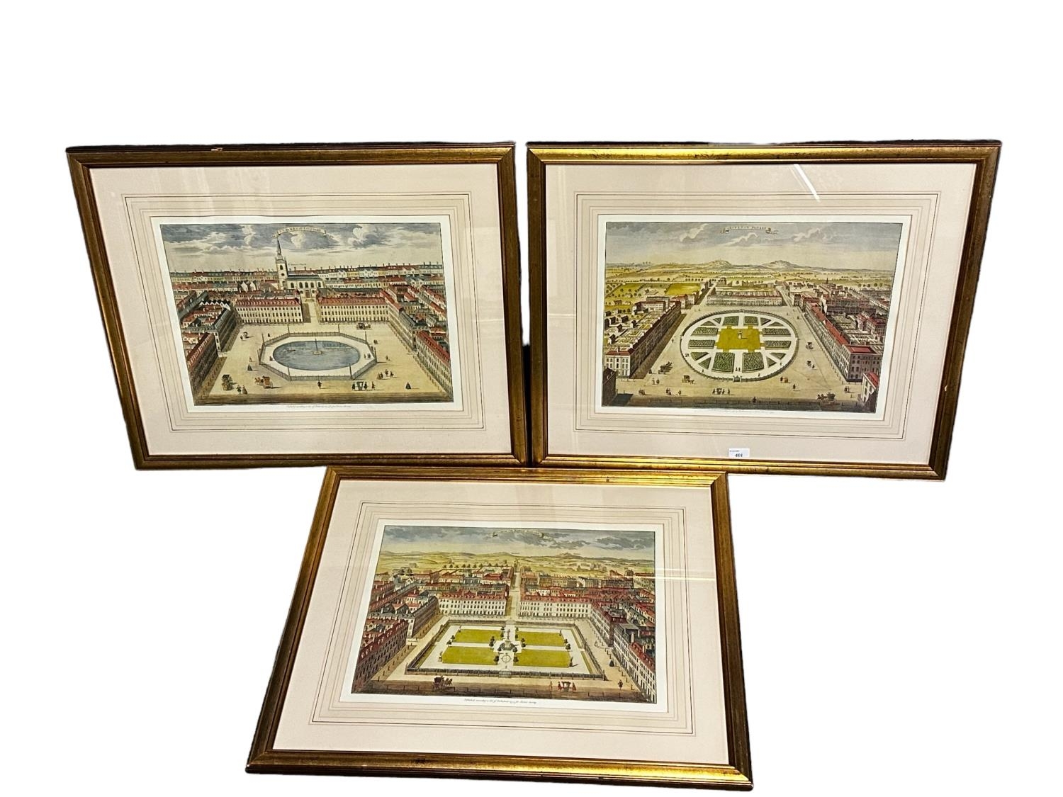 A set of three gilt framed and glazed pictures depicting the 1700's city and gardens drawings of "