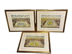 A set of three gilt framed and glazed pictures depicting the 1700's city and gardens drawings of "