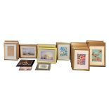 A large quantity of decorative framed and glazed pictures and prints with contemporary abstract art.