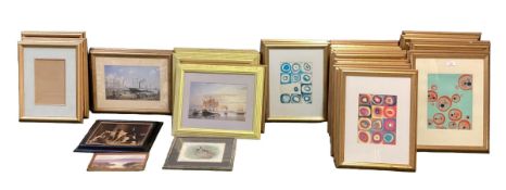 A large quantity of decorative framed and glazed pictures and prints with contemporary abstract art.