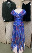 1980s Designer dresses custom made by Bruce Oldfield : a blue flowered silk chiffon dress with