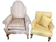 A small yellow upholstered bedroom chair, on turned feet to castors, and another upholstered arm