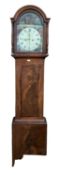 A mahogany and line inlaid, longcase clock, the cream metal dial, depicting illustrations of figures