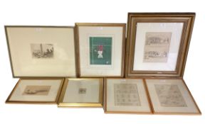 Seven gilt framed and glazed humerous pictures of rugby and cricket interest, various sizes, some