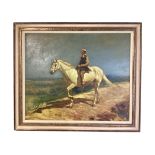 An oil on panel, in the style of Munnings, of a man in flat cap, on a grey horse, in landscape, 61cm