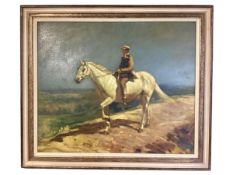 An oil on panel, in the style of Munnings, of a man in flat cap, on a grey horse, in landscape, 61cm