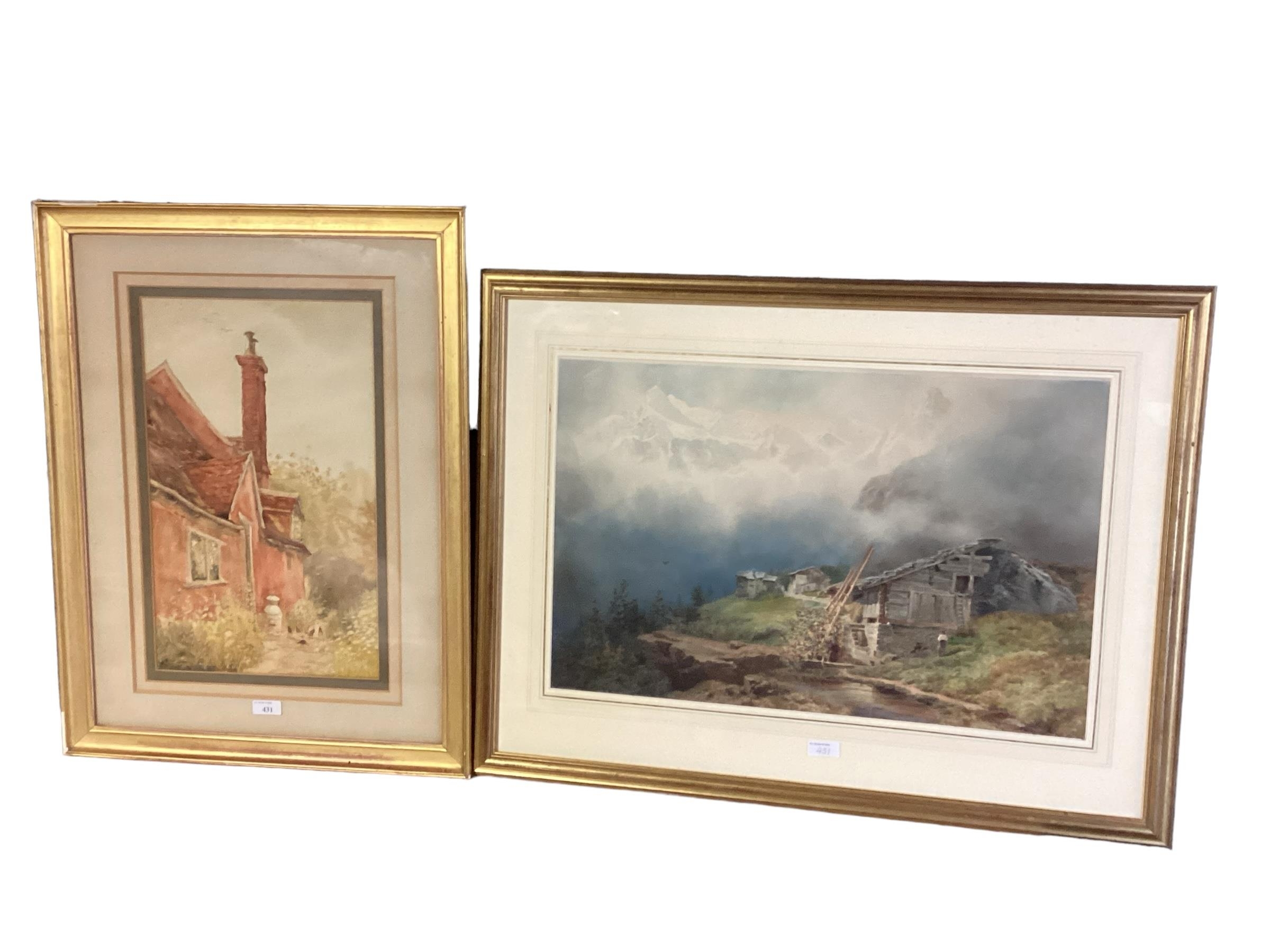 Two gilt glazed watercolours, Mountain hut, signed lower right and dated, indistinctly 1848, see