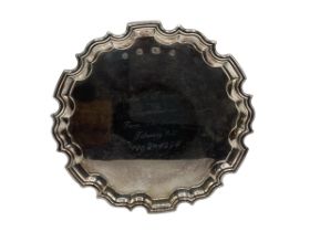 A sterling silver card tray with scalloped edge by Carr's of Sheffield, 1992. Approx 10ozt,