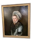 Victorian framed portrait, oil on canvas, of a half portrait lady in a hat, unsigned