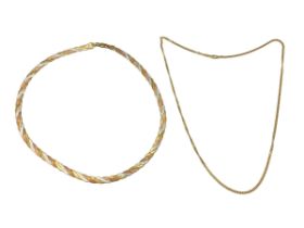 9 ct tri-coloured gold flat link necklace, together with 9 ct gold chain-link necklace, 42 cm, 48