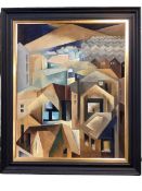 CONTEMPORARY ART: JANICE WALTON, (British), modern abstract city scape, in black and gilt frame,