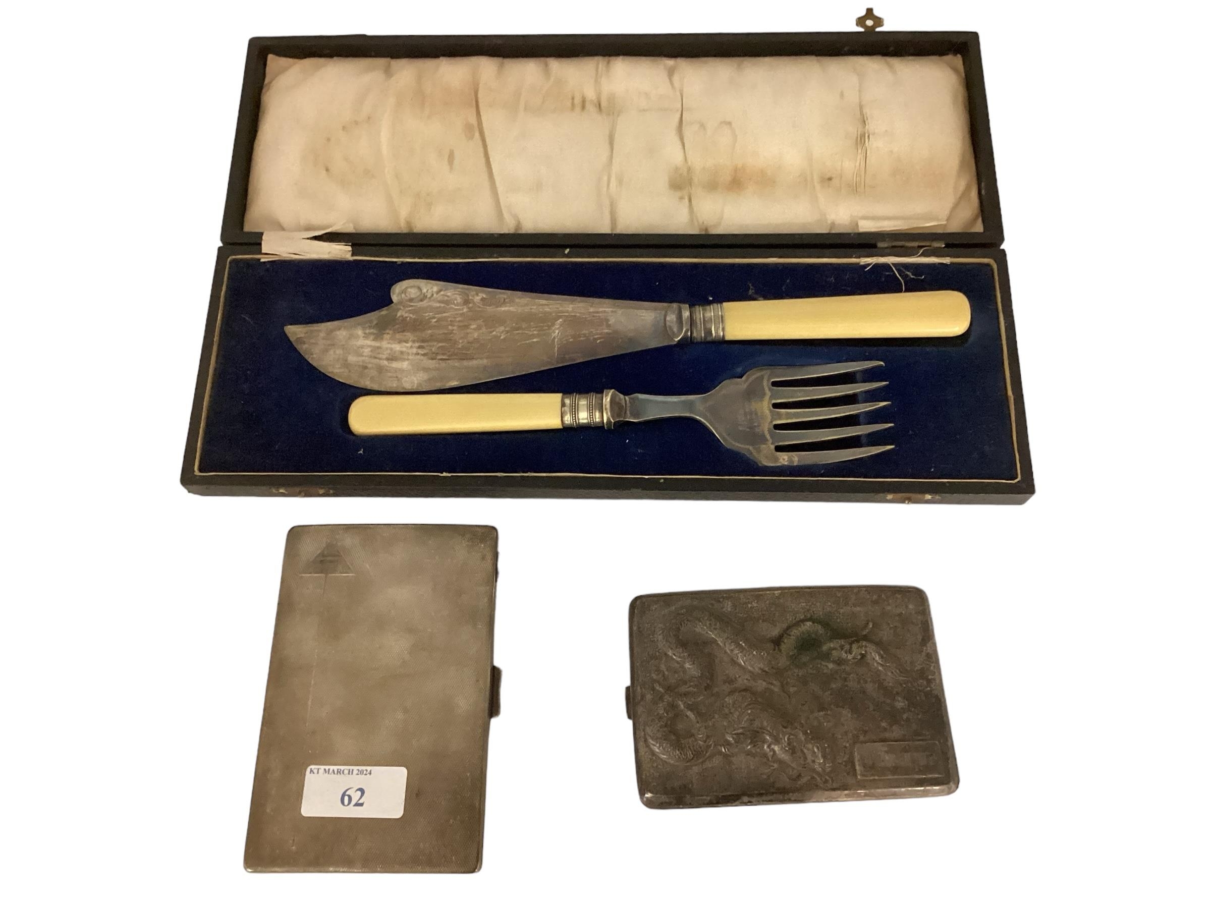 A cased fish knife and fork, a hallmarked silver cigarette case, and another cigarette case, all - Image 2 of 8