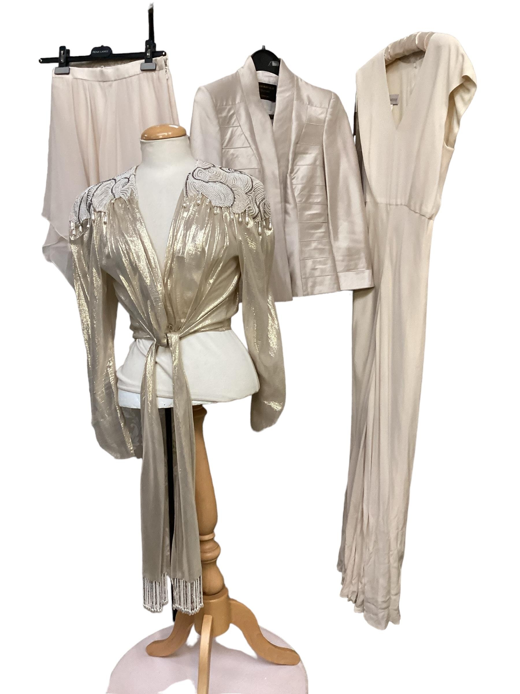 Bruce Oldfield, silk cream suit, couture, cream silk full length dress, condition a mark see