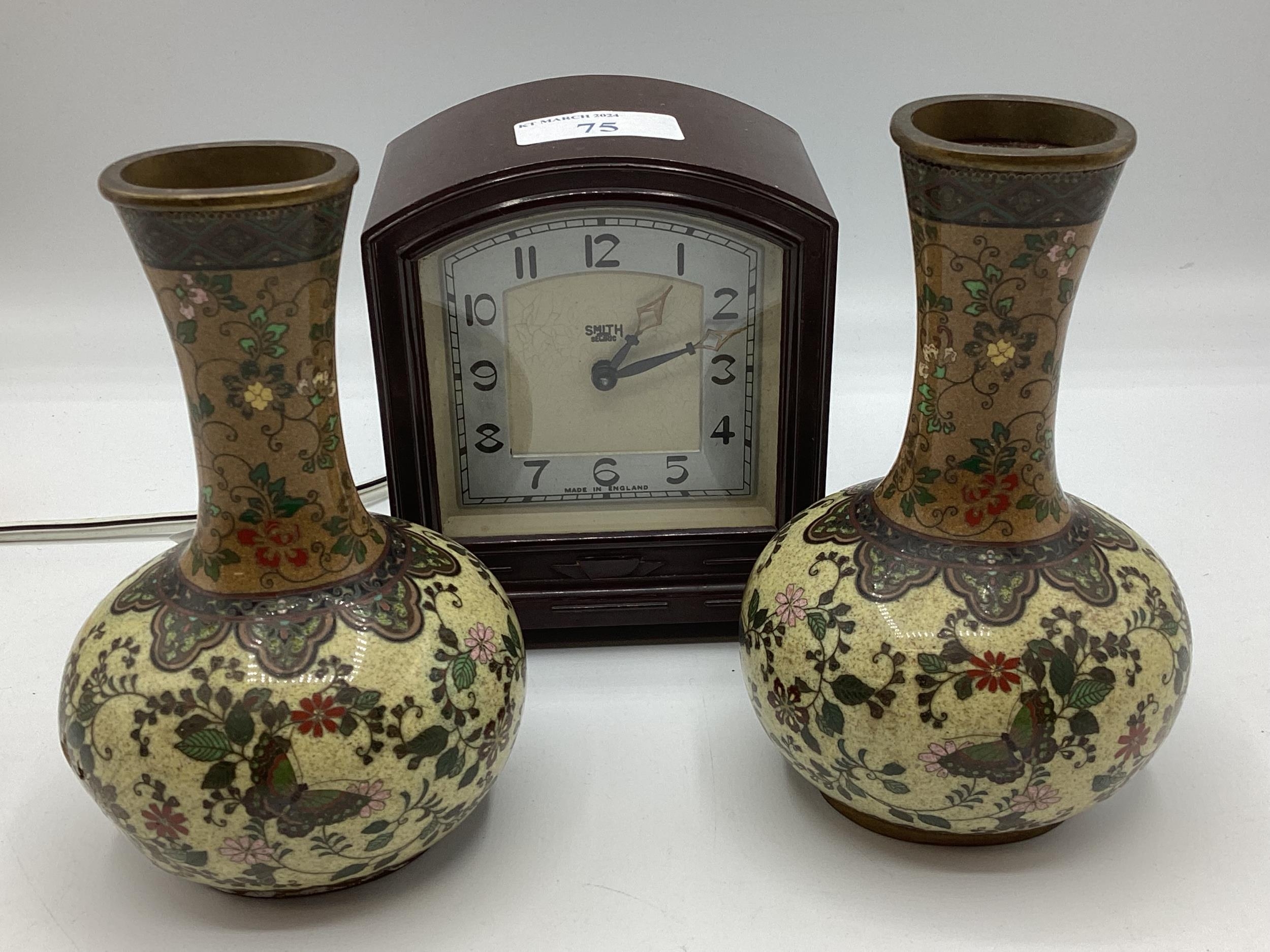 Pair of small Cloisonne vases and a Bakerlite clock in full working order