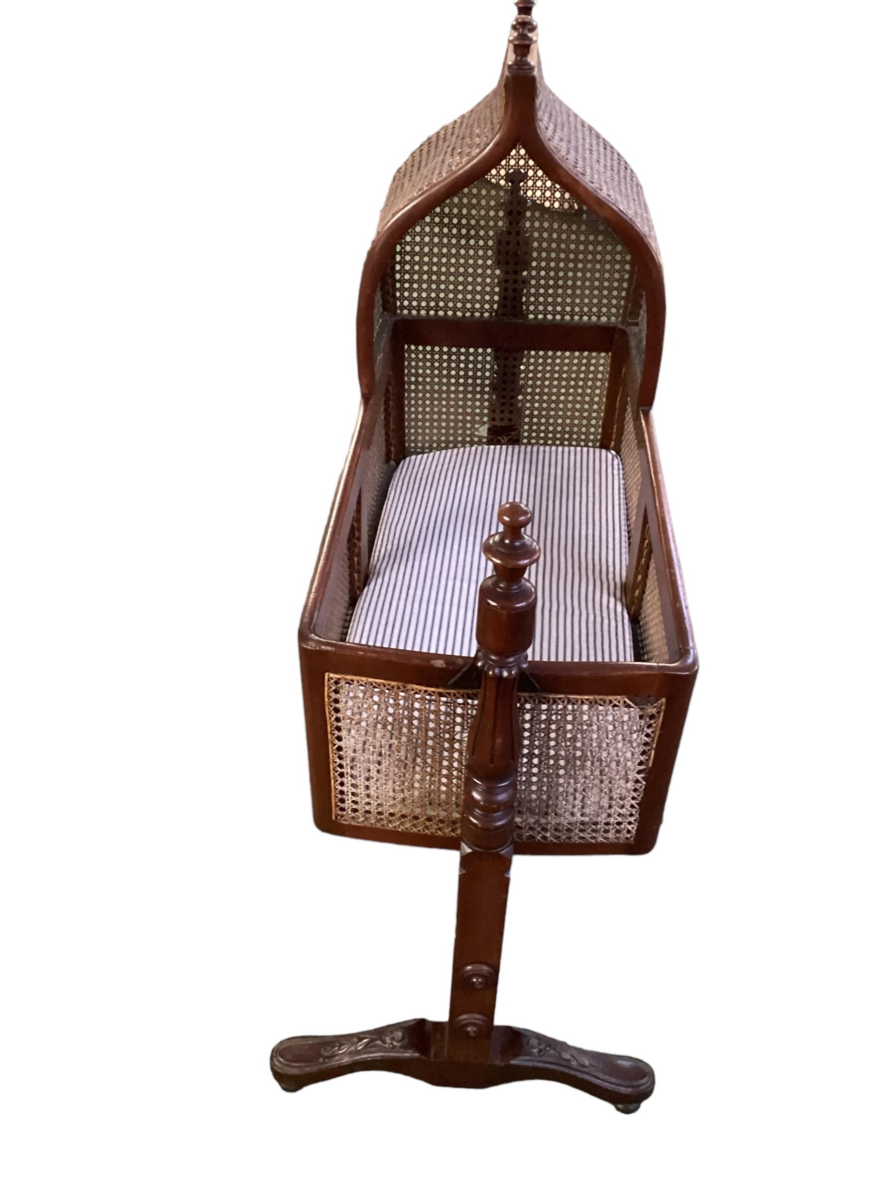 Victorian mahogany Crib on stand, some wear to bergere at one end - Image 3 of 3
