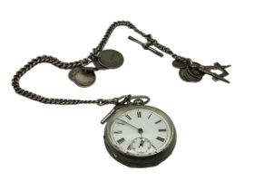 A 935 silver cased gentleman's key wind pocket watch with sterling silver albert chain with