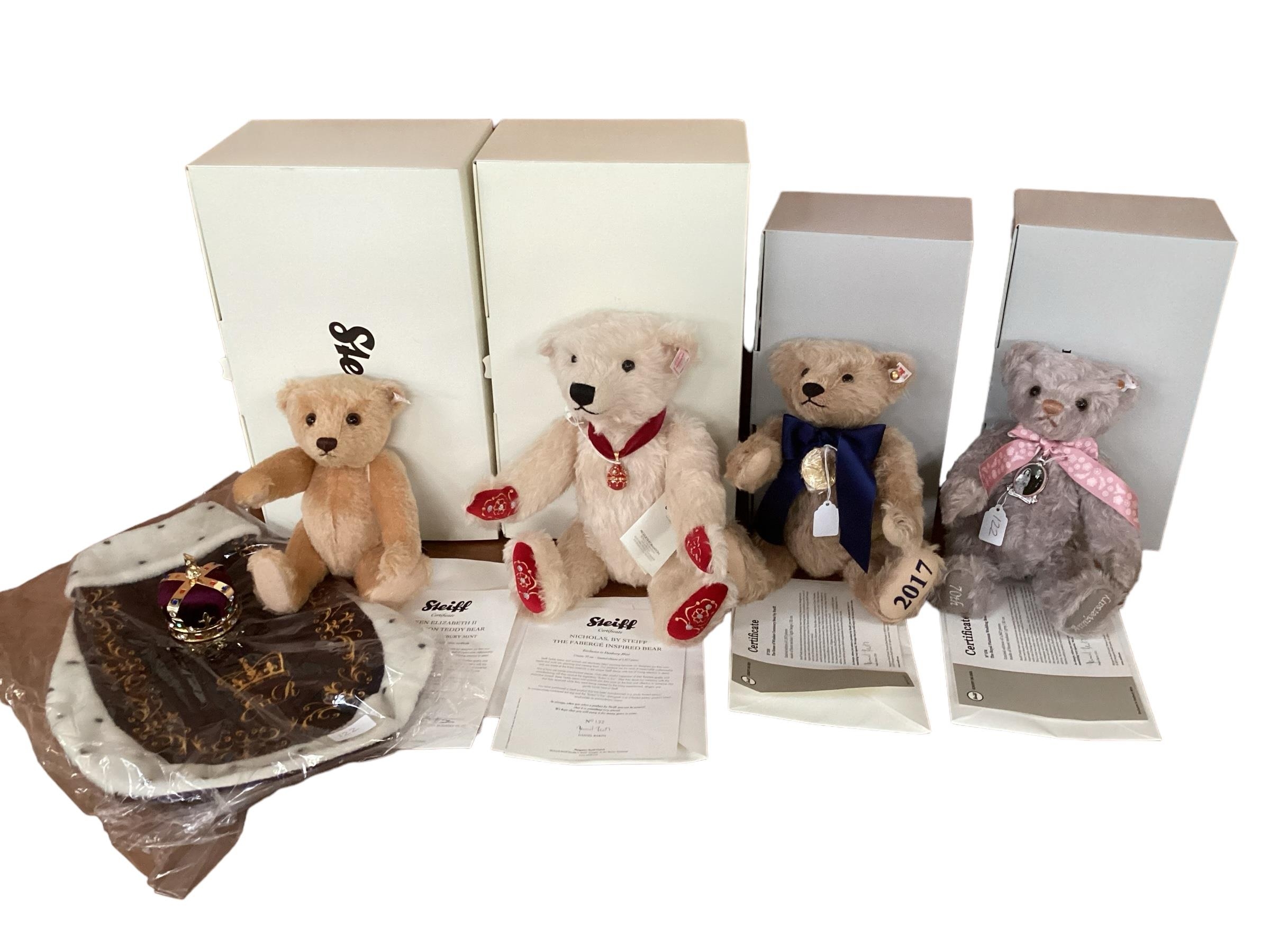 Four boxed Steiff bears, boxed with certificates, The Royal Platinum Wedding 30cm; Nicholas, Faberge