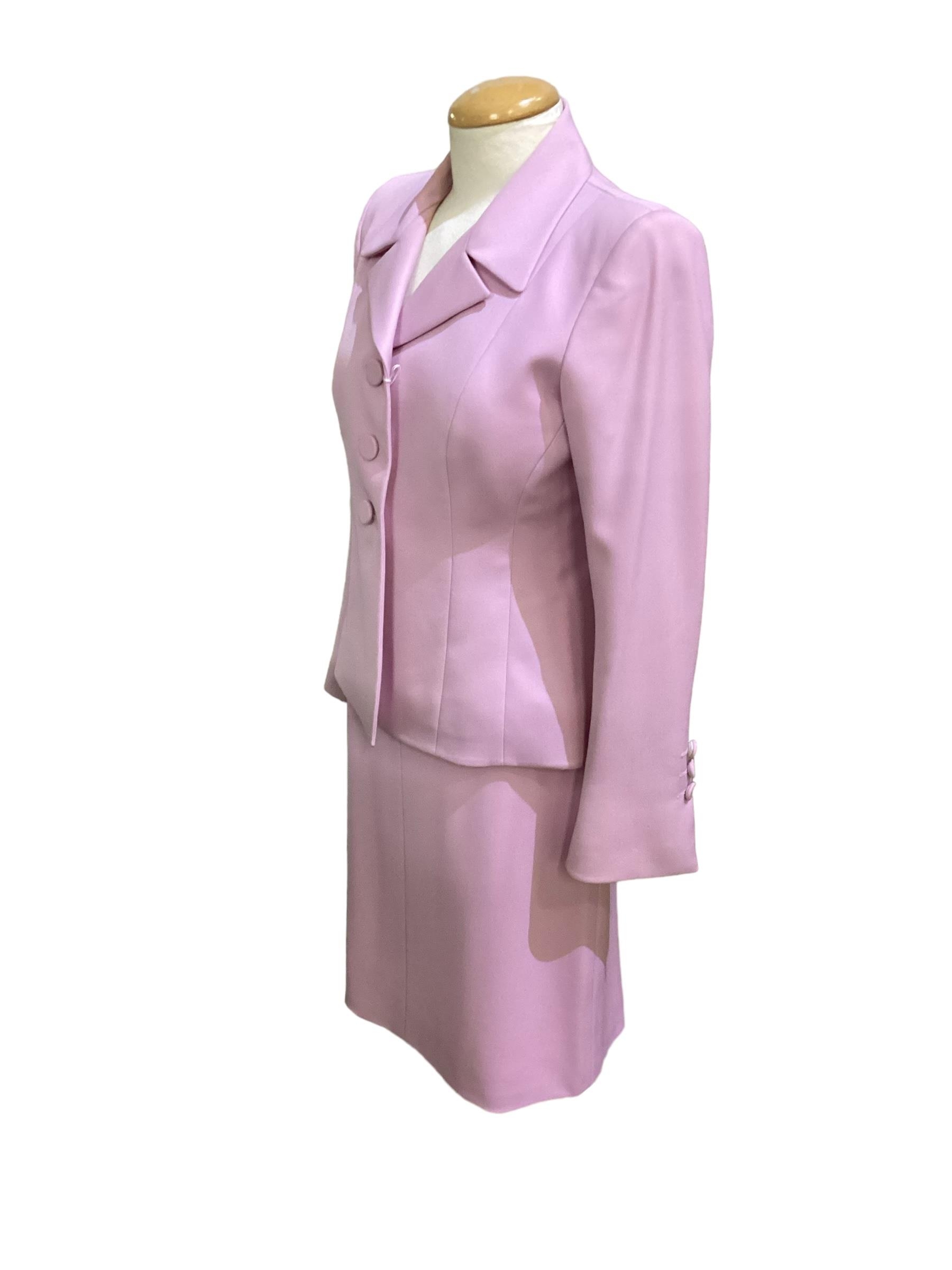 Catherine Walker, London. Pink silk jacket and skirt (make-up stains to collar) blue and cream dress - Image 2 of 13