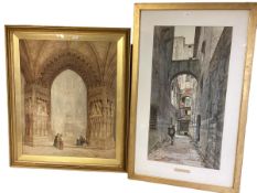 Two large gilt framed and glazed architectural scenes, Florence, titled to mount " Ghetto at