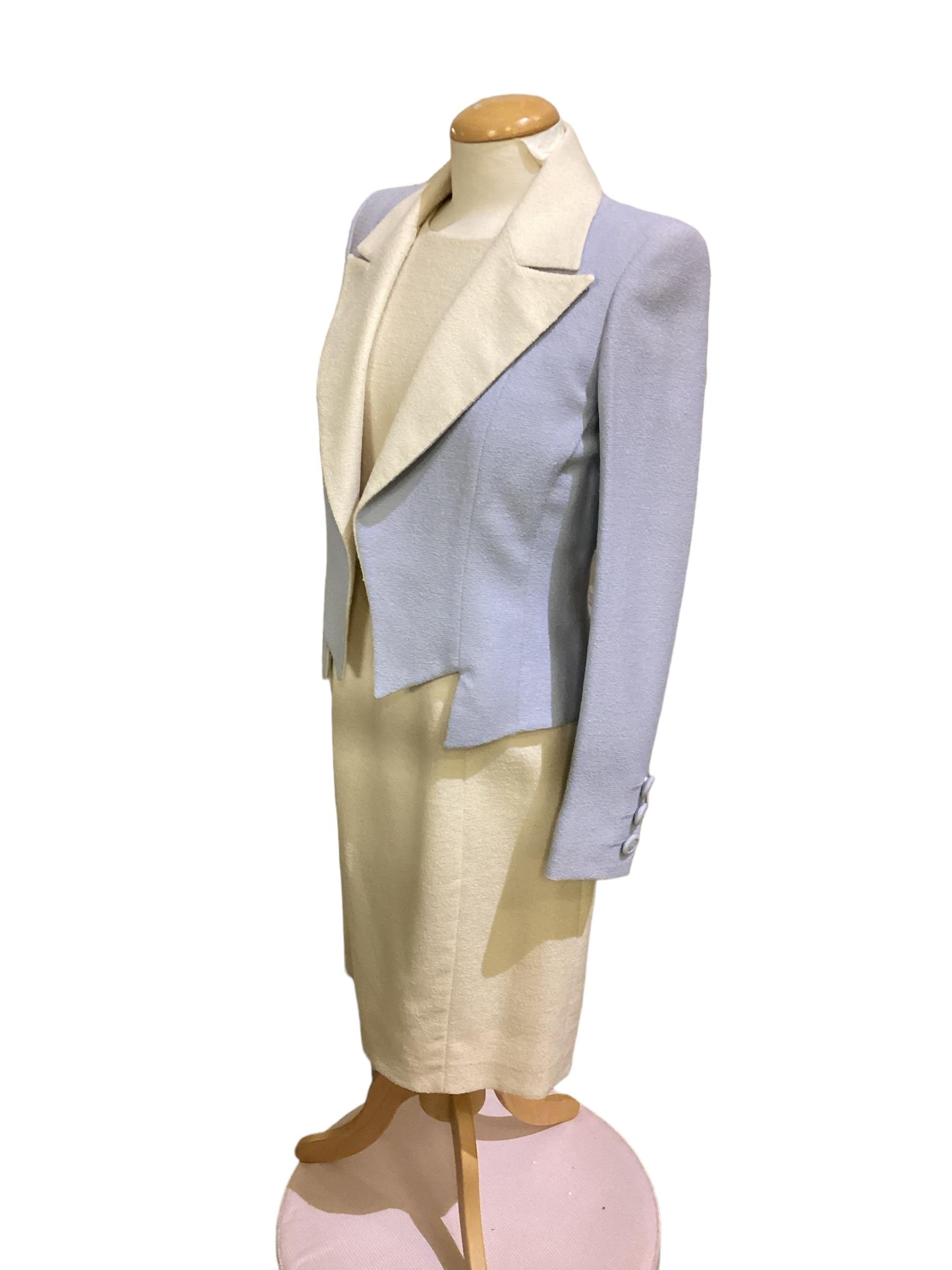 Catherine Walker, London. Pink silk jacket and skirt (make-up stains to collar) blue and cream dress - Image 11 of 13