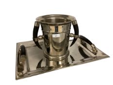 A metal wine bucket and tray, with horn handles