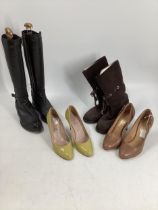 Quantity of boots shoes and bags, to include Jimmy Choo, suede boots, Ferragamo shoes size 7, DVF