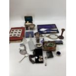 A quantity of mixed misc collectables, to include Ronson lighter, Silver and Tortoishell snuff bo;