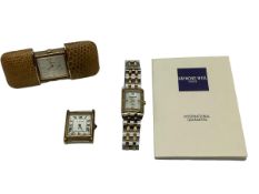 A Mappin and Webb snakeskin travel or handbag watch together with a Raymond Weil wristwatch and