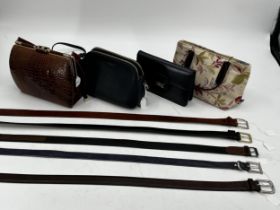 Quantity of bags and belt, to include navy leather Radley bag, Navy leather Harrods, Vintage brown