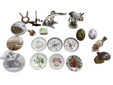 A quantity of ceramics to include a Derby Day Pratware lid, and bird figurines etc