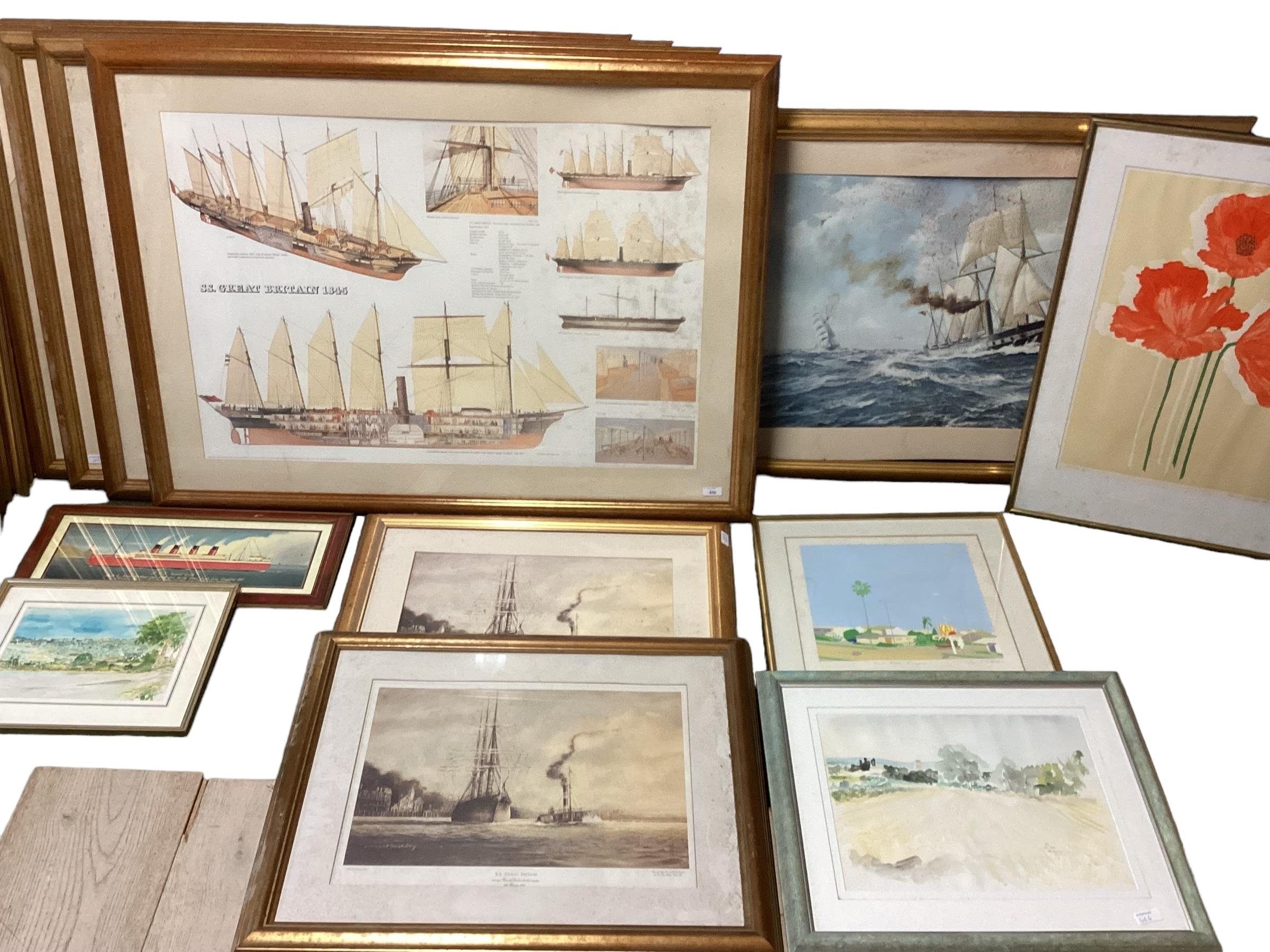 A quantity of framed and glazed decorative prints, including SS GREAT BRITIAN, 1845, all as found