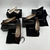 CHANEL SHOES: 4 Pairs, all with boxes and dust bags: Navy star and moon fabric and patent leather