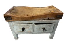 A Butchers Block, the shaped top on a blue distressed painted two drawer base ; 122 x 61cm, used and