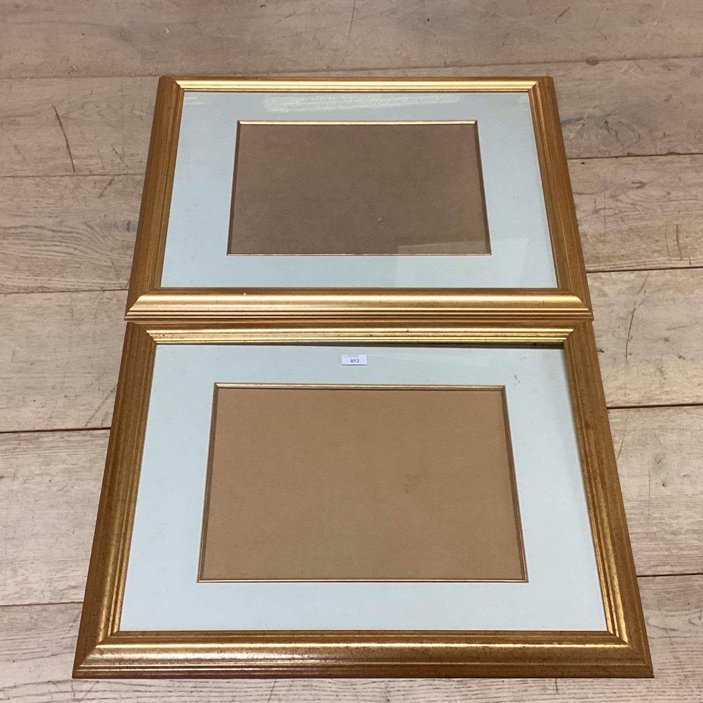 A pair of modern gilt glazed frames, empty, overall 52cm x 86cm W