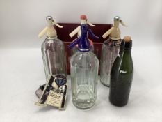 A box of 4 vintage Soda Syphons, and an old bottle marked G F Blight, Salterton, see images
