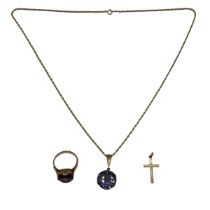 A collection of 14ct jewellery to include an amethyst dress ring and pendant on a chain link
