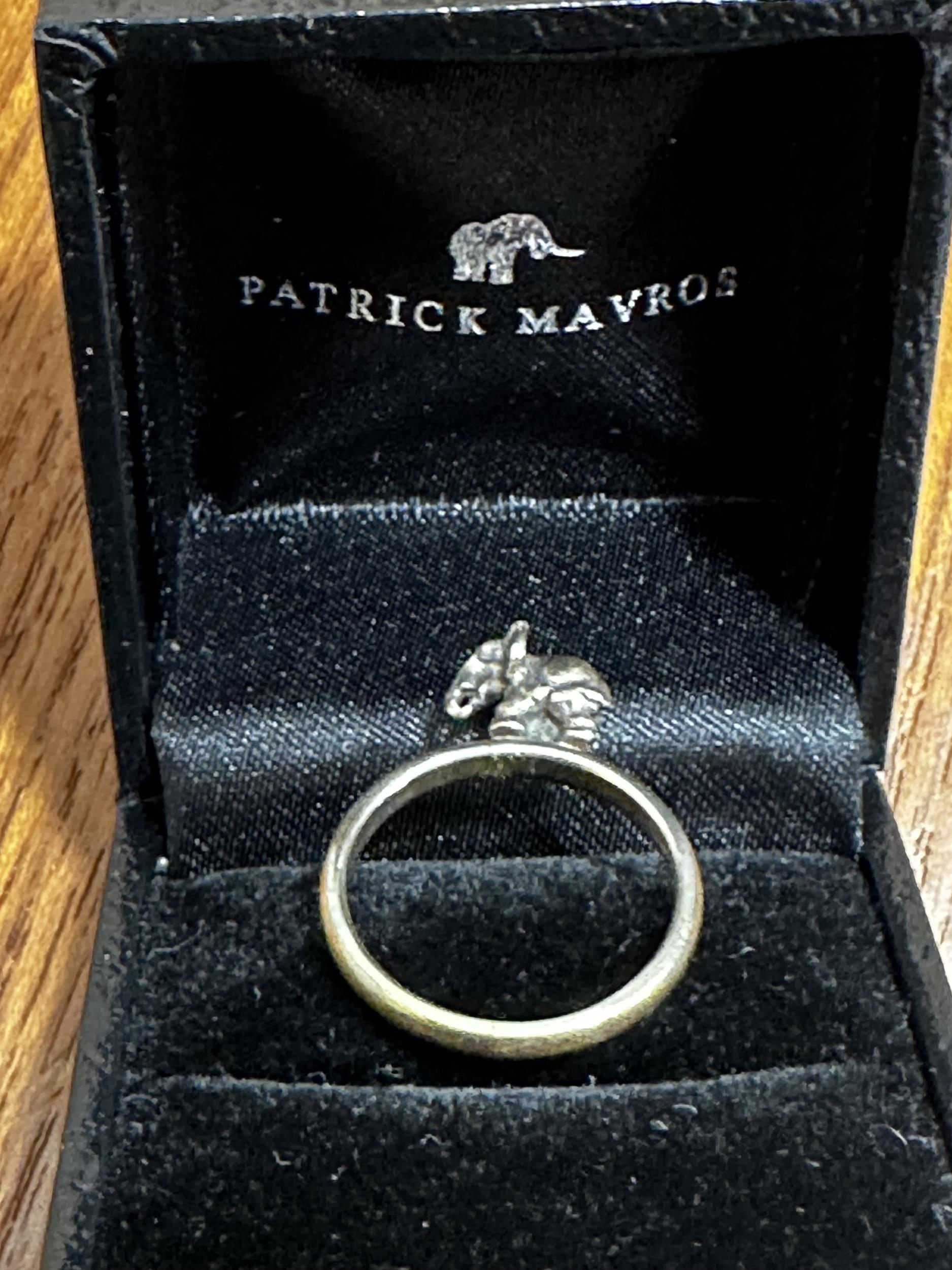A PATRICK MAVROS ring with elephant design to top, stamped 925, in original Patrick Mavros box, 2.9g