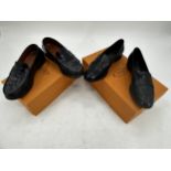 TOD'S, two pairs of dark navy/almost black leather penny loafers, with boxes and dust covers, both