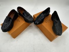 TOD'S, two pairs of dark navy/almost black leather penny loafers, with boxes and dust covers, both