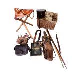 A quantity of old shooting cartridge bags, slips, cleaning rods, Ross binocluars, a three legged