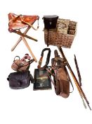 A quantity of old shooting cartridge bags, slips, cleaning rods, Ross binocluars, a three legged