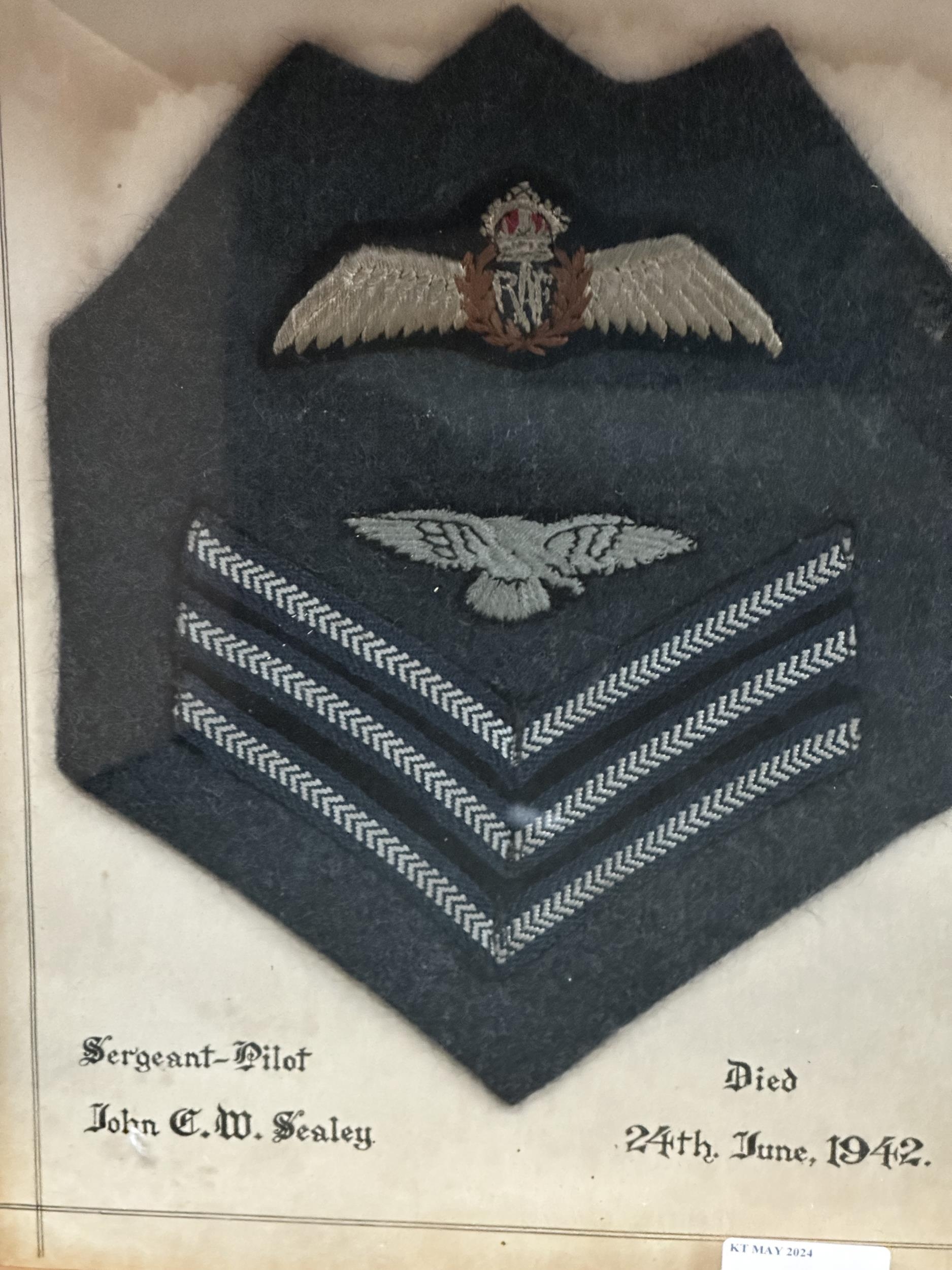 Cloth Insignia and patches for Sergeant Pilot John C W Sealey, died 24th June 1942, in a glazed - Image 2 of 2