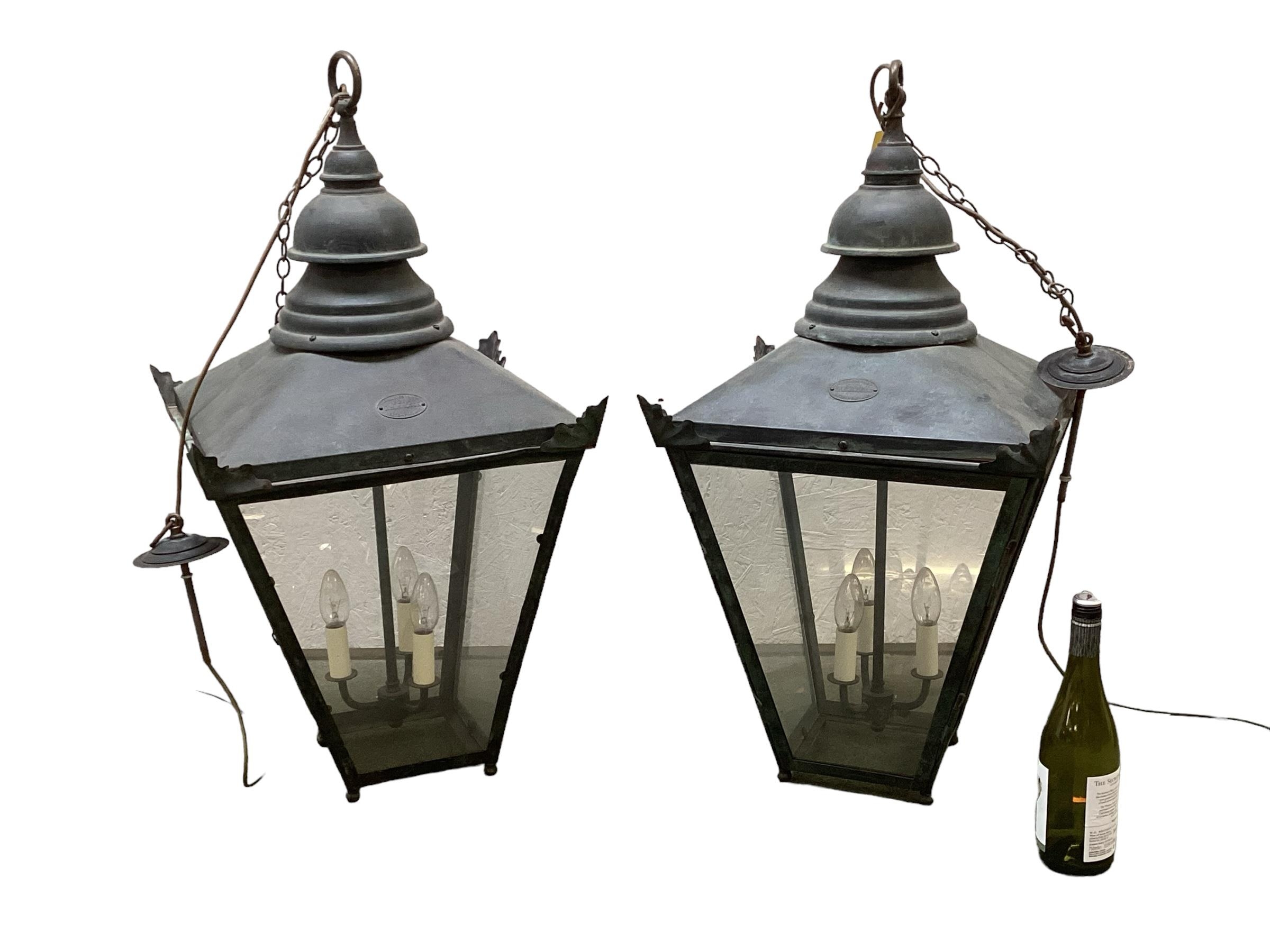 A pair of French copper grey hanging hall lanterns, with glass panels , approx 86cm H - Image 6 of 6