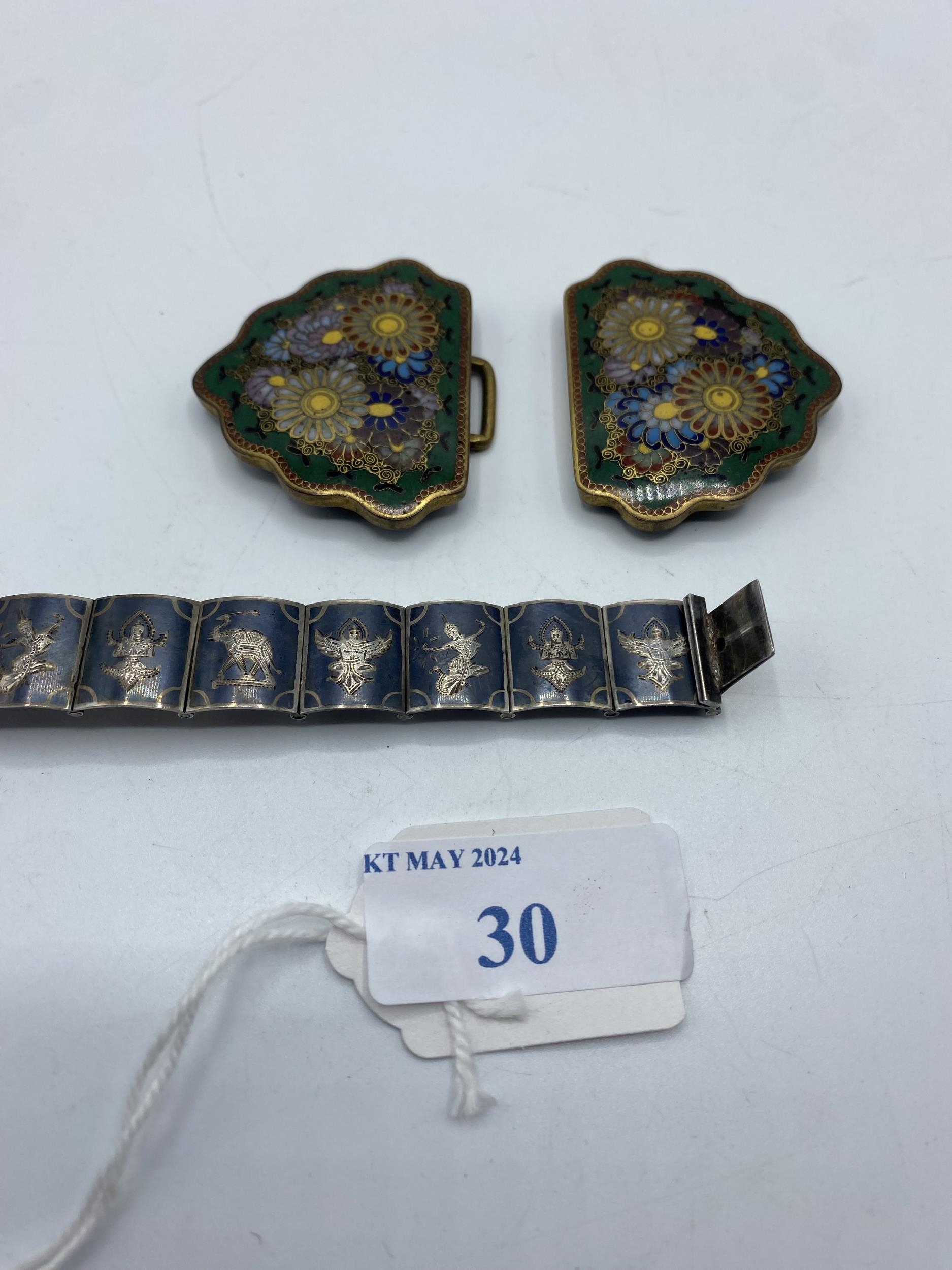 A Japanese Cloisonné belt buckle, Meiji Period together with a Siam silver panel bracelet. - Image 5 of 5