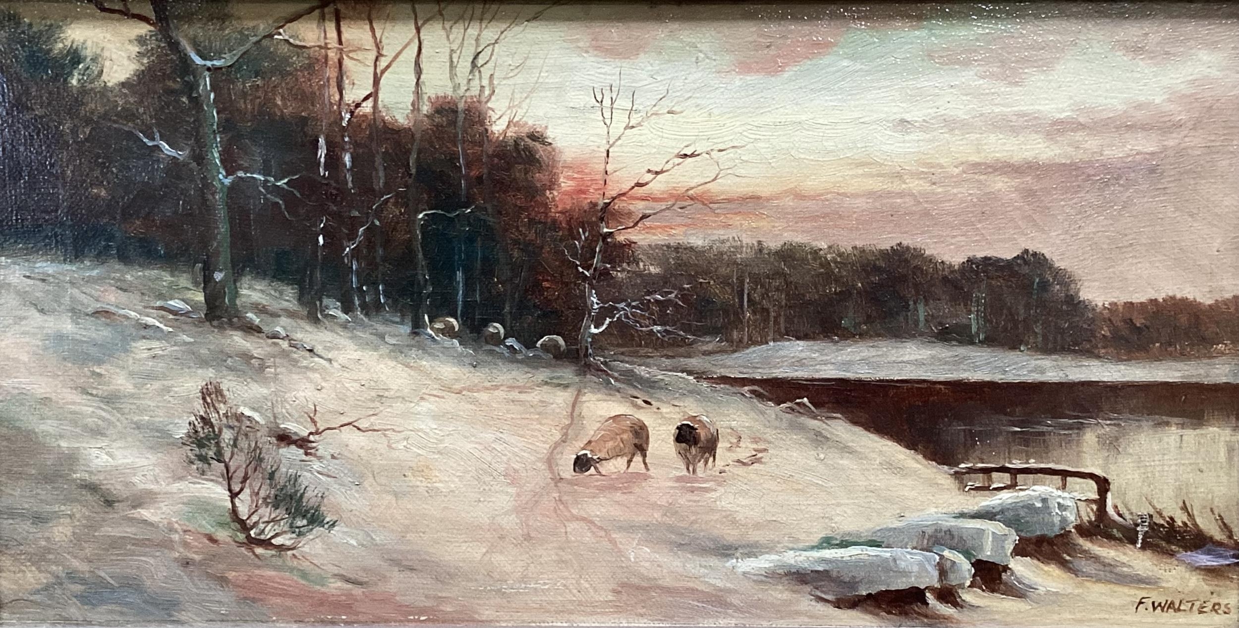 A pair of oil on canvas, Sheep in snowy landscape, signed lower left F. Walters, note verso - Image 2 of 9