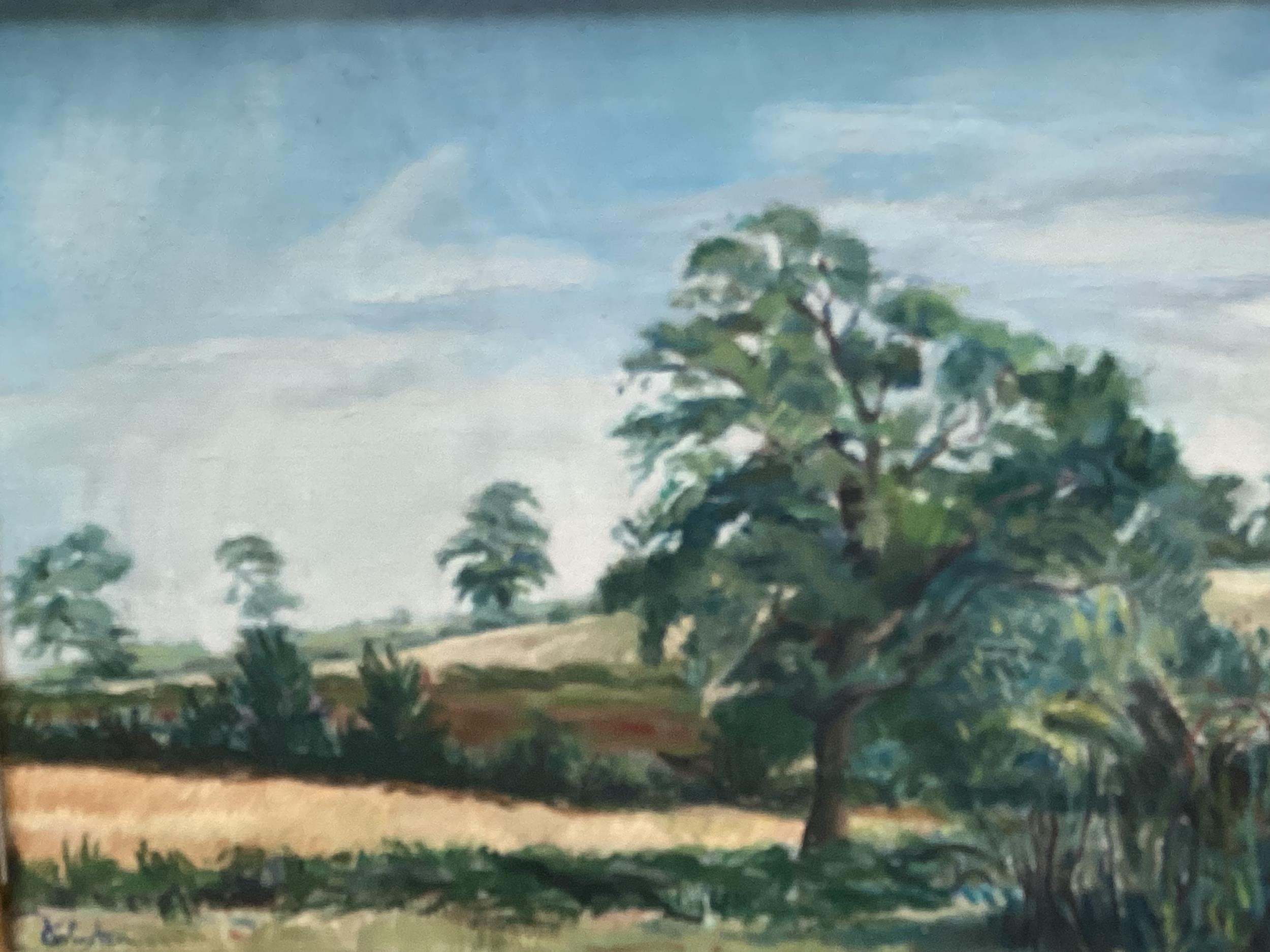 Oil on canvas, Green trees and wheat fields, signed indistinctly lower left C Winsten?, some old - Image 2 of 4