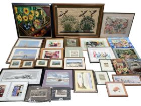 A large collection of decorative pictures, prints, amateur art work, watercolours etc, including
